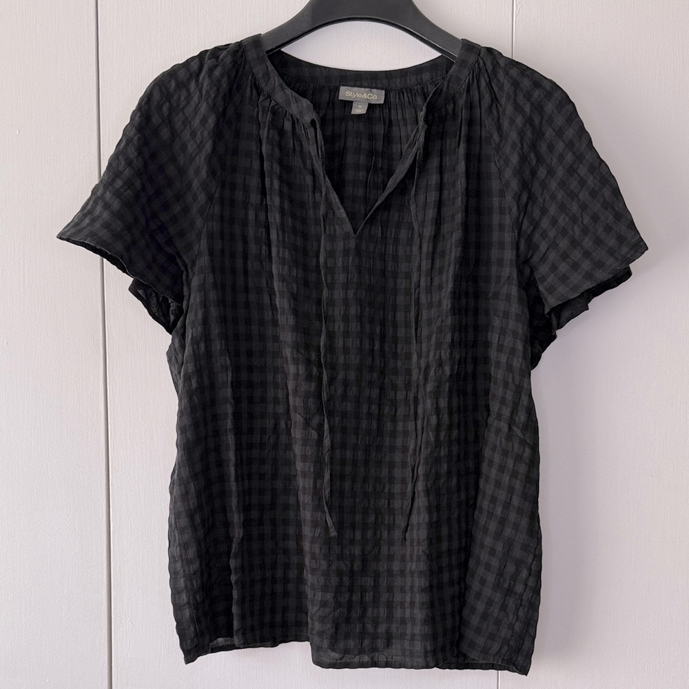 Style & Co Black Checkered Short Sleeve Blouse Sz XL